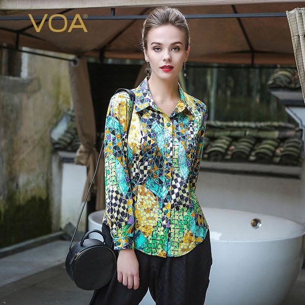 

voa playful printed lapel long sleeve basic stretch satin silk shirt b127, White