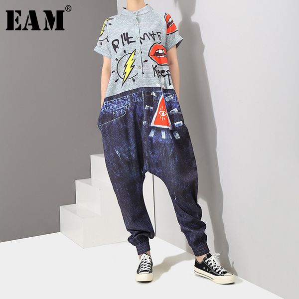 

eam] 2020 new spring autumn high waist pocket stitch button pattern printed loose pants women jumpsuit fashion tide jy936, Black;white