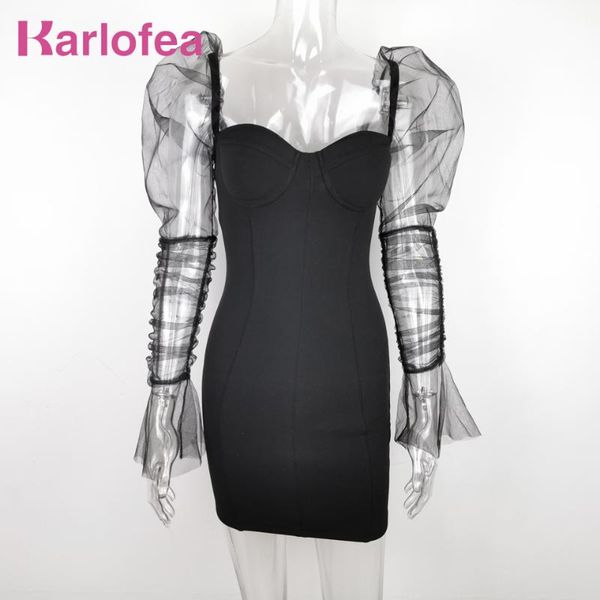 

karlofea women elegant everyday wear outfits dress off shoulder sheer mesh patchwork puff sleeve bodycon mini party dress, Black;gray
