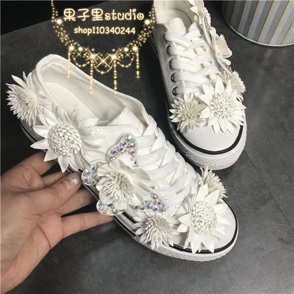 

new handmade immortal beautiful butterfly flower all-match lady cute casual flat white shoes canvas shoes, Black