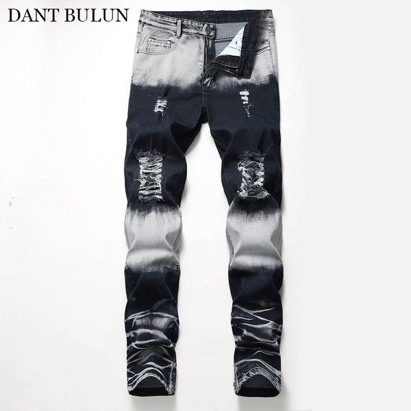 

distressed jeans for men ripped hole pants stretch slim denim biker jeans hombre baggy straight casual trousers streetwear pants, Blue
