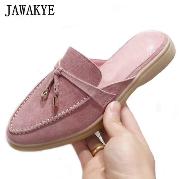 

suede mules slippers women metal lock tessel causal flat shoes lazy loafers multicolor closed toe spring summer walk shoes woman, Black