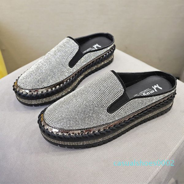 

fashion crystal shoes women spring round toe pu flat shoes for women slippers slip on rubber platform flats slides c02, Black