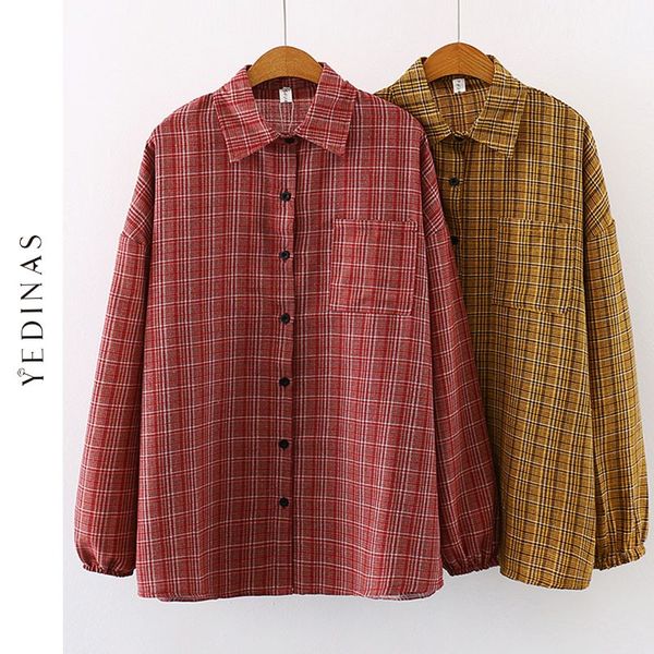 

yedinas plus size women shirts vintage 2020 autumn womens and blouses korean plaid women blusa feminina oversized, White