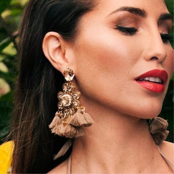 

aoteman bohemian statement flower tassel earrings for women luxury crystal long drop dangle earrings tassel jewelry oorbellen, Silver