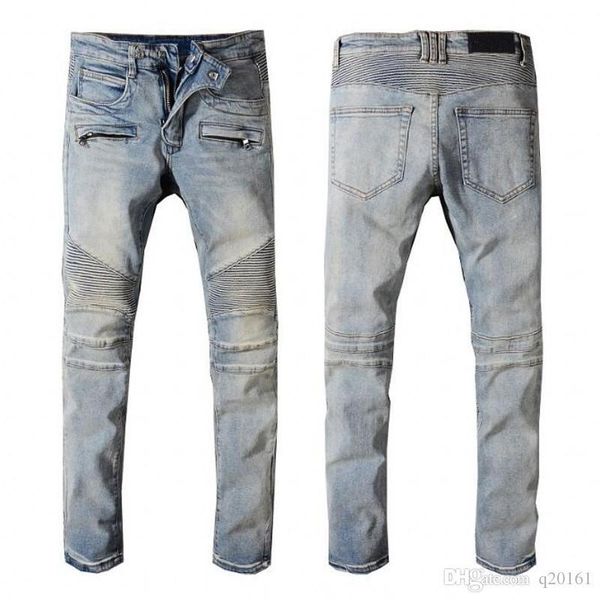 

new men designer jeans brand motorcycle biker skinny jeans 100%cotton rivet men's fashion crime zipper pants distressed ripped jeans bl, Blue