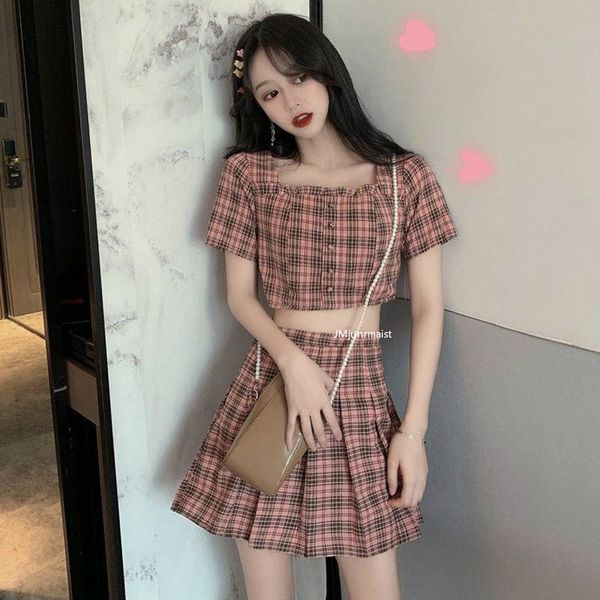 

summer women sets short sleeve crop with pleated mini skirt casual two piece vintage plaid skirt suits outfit tracksuit, White