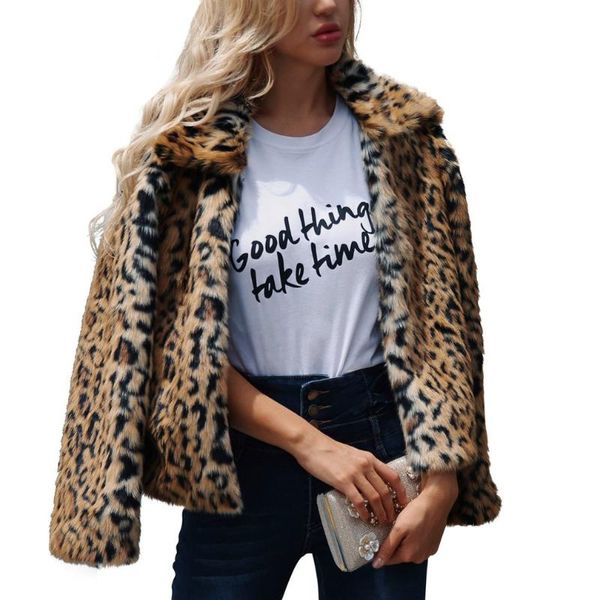 

womens ladies cute leopard lapel faux fur coat vintage warm long sleeve event waistcoat jacket parka jacket outwear fur 2020, Black