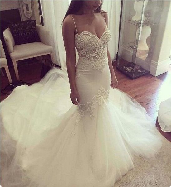 

2020 mermaid spaghetti wedding dresses floor length long sleeves summer beach bridal gowns high quality, White