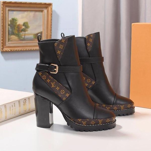 

women luxury boots leather star trail ankle boot chunky heel desert luxury style womens shoes bottes femmes with origin box sale comfortable, Black