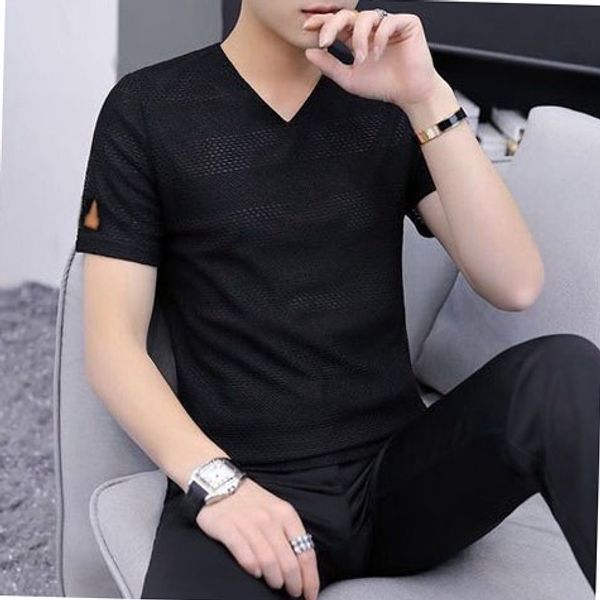 

men's viscose fiber short-sleeved t-shirt men's summer korean fashion youth fashion large breathable quick-dry v-neck, White;black