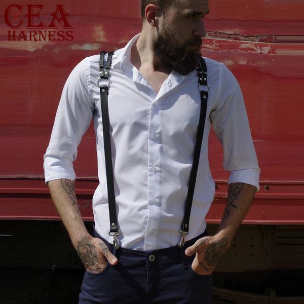 

cea.harness men leather vest harness bondage male triangle back strap body chest half harness garter belts erotic fetish, Black;brown