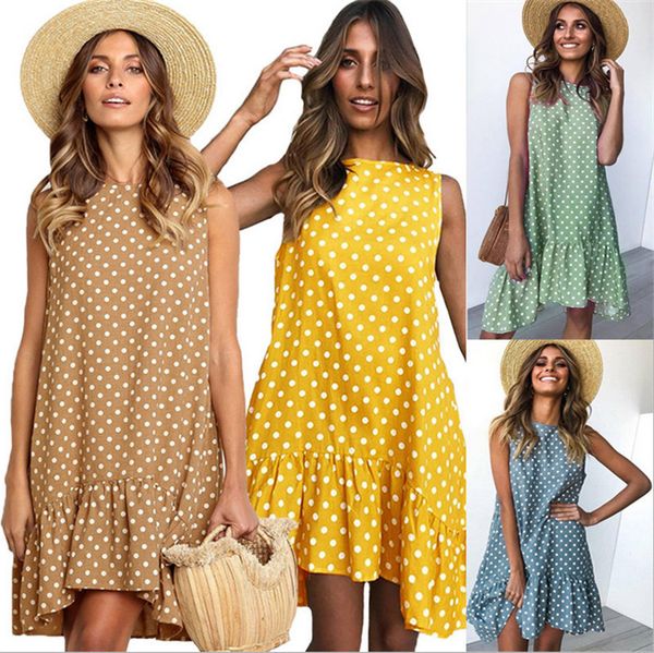 

summer womens designer casual dress loose polka dot printed nature color sleeveless dresses plus size ladies clothes, Black;gray