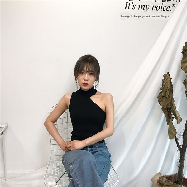 

special offer summer 2020 new vest korean style hong kong style all-match slim solid color machine hanging neck shoulder knitted vest, Camo