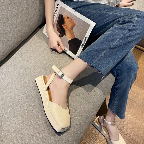 

female sandal 2020 sandals wedge shoes closed toe buckle strap espadrilles platform ladies women's on summer beige flat, Black
