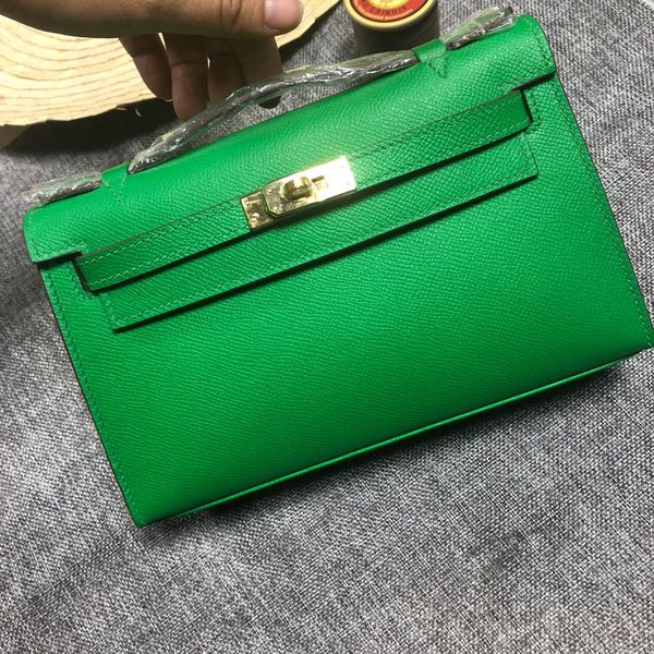 

whosale ручного 22см epsom кожи зеленый дизайн кошелек, воск нить, имеет как золото и серебро оборудования, много цветов, быстро dlivery
