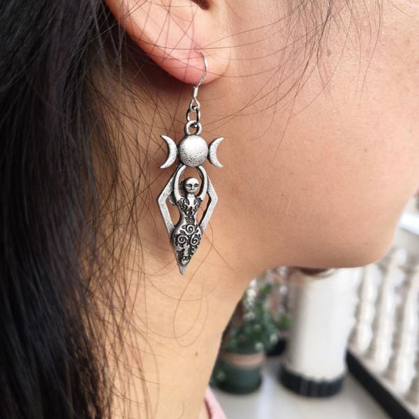

wiccan celtics triple moon pagan goddess earring with sacred mother gift for witch, Silver