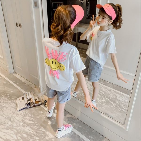 

bze5s girls short-sleeved t-shirt summer clothes 2020 new foreign style medium and large children korean style fashionable t-shirt doll chil, Blue