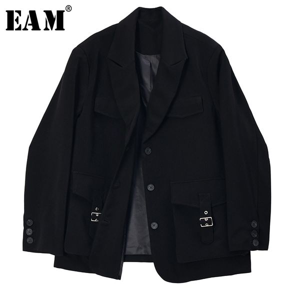 

[eam] women black pocket stitch big size blazer new lapel long sleeve loose fit jacket fashion tide spring autumn 2020 1s199, White;black
