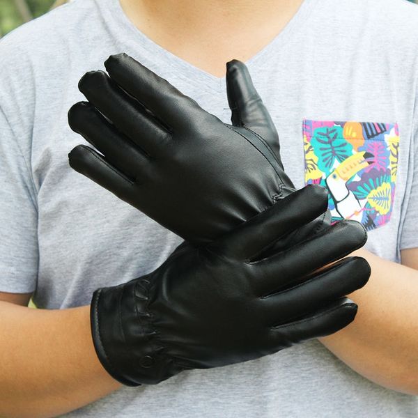 

season pu leather men's full finger cotton labor protection touch screen warm gloves and gloves warm available gifts, Black