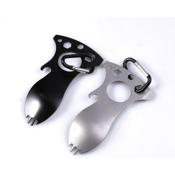 

stainless steel outdoor multi function spoon fork hex wrench bottle opener carabiner camping picnic tableware