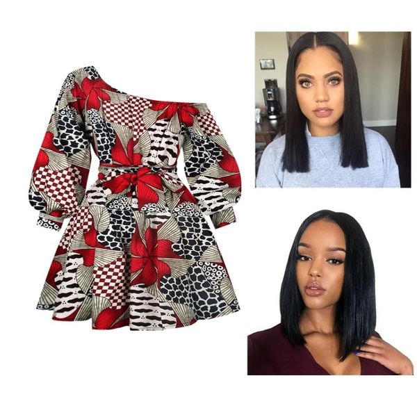 

african clothes long sleeve dresses for women short skirt floral print dashiki summer fashion set wigs woman human hair, Red