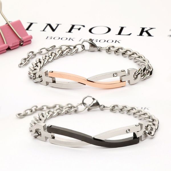 

link, chain 2021 fashion punk rose gold cross zircon crystal charm couple stainless steel bracelets women men on hand jewelry wholesale, Black