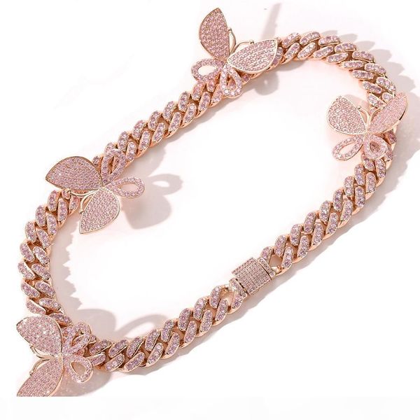 

13mm choker pink diamond butterfly necklace hiphop chain 14k electroplate copper made iced out tennis rop, Silver