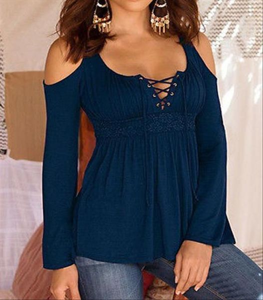 

2020 new fashion women off shoulder lace up neck shirt casual slim blouse female woman top, White