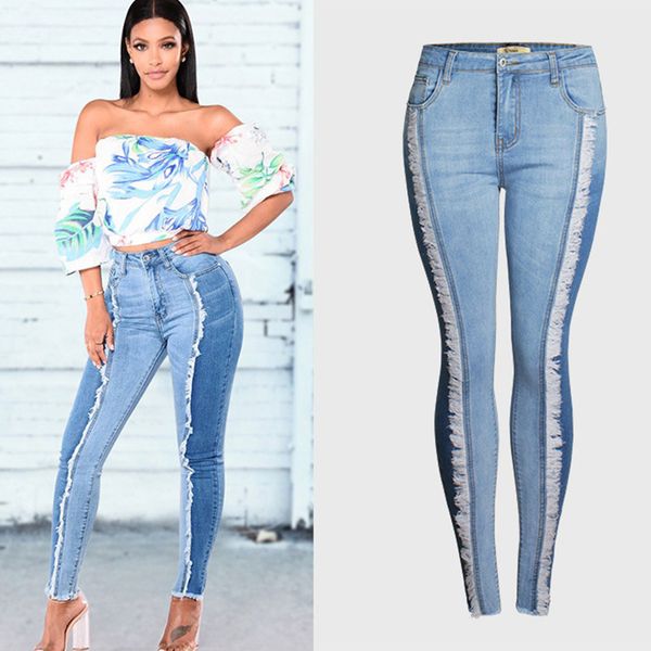 

women's denim jeans fashion middle waist fringed slim jeans slim pencil pants, Blue