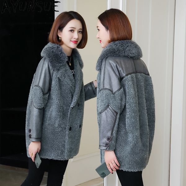 

ayunsue real sheep shearling fur coat winter coat women clothes 2020 real wool female suede leather jacket manteau femme, Black