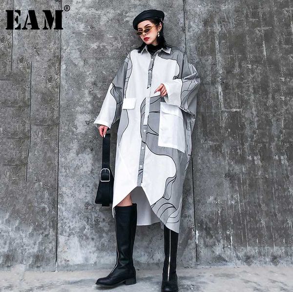 

eam] women white pattern printed big size shirt dress new lapel long sleeve loose fit fashion tide spring summer 2020 1u800, Black;gray