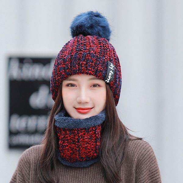 

cycling caps & masks knit beanie hat pompom winter windproof warm ski cap scarf set, Black
