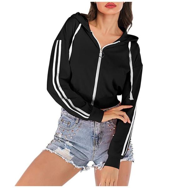 

womens casual loose solid color long sleeve hooded sweatshirt jackets female autumn outdoor sportswear cropped coat for 2020, Black;red