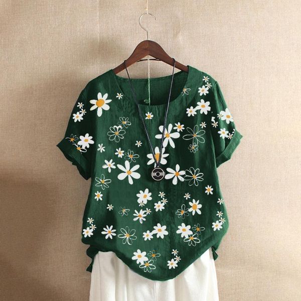 

5xl cotton linen blouses women 2020 summer daisy print short sleeve shirt new plus size o-neck buttons pullover feminine top, White