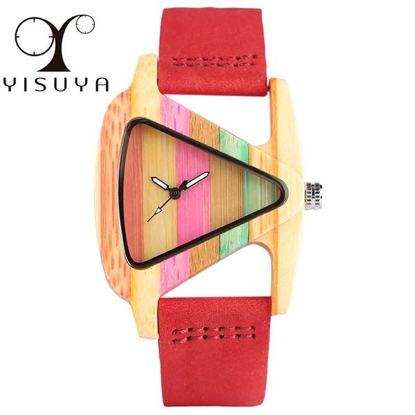 

yisuya unique triangle hollow wood watch creative colorful stripe bamboo clock women's hour fashion leather lady wristwatch 2020, Slivery;brown
