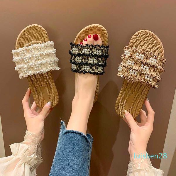 

rhinestone weaving slippers new fashion women flip flop fashion wild beach shoe flat bottom outdoor sandals shoes l28, Black