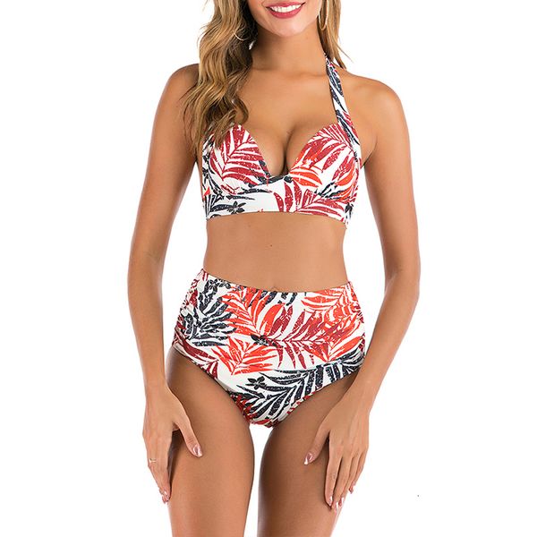 

mossha high waist bikini set halter bathing suit woman swimsuit female plus size bikini 2020 3xl floral print swimwear women new, White;black