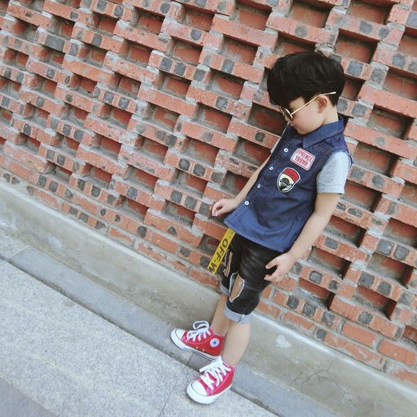 

riarj language included 2020 summer new clothing labeling personalized denim shirt children's shirt children's clothing stitching, White;black