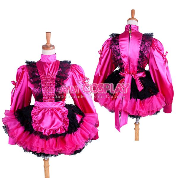 

lockable sissy maid ink satin dress cross dressers, Black;red