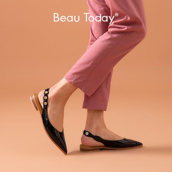 

beautoday sandals women patent leather rivet decoration elastic band pointed toe slingbacks low heel ladies shoes handmade 32191, Black