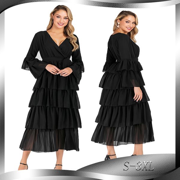 

plus size autumn black chiffon pleated ruffle dress women sukienki ropa mujer robe longue femme elbise ladies dresses vestidos