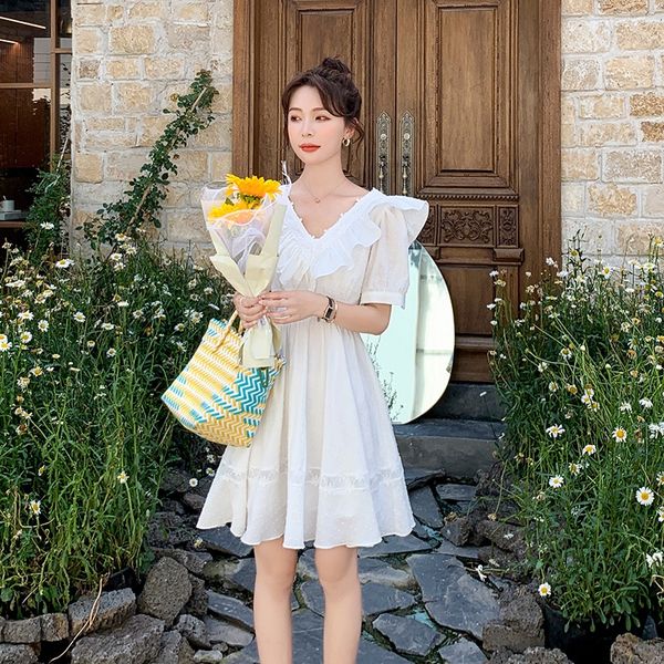 

small white short 2020 new waist slimming french lace v-neck flounced small princess princess dress dress, Black;gray