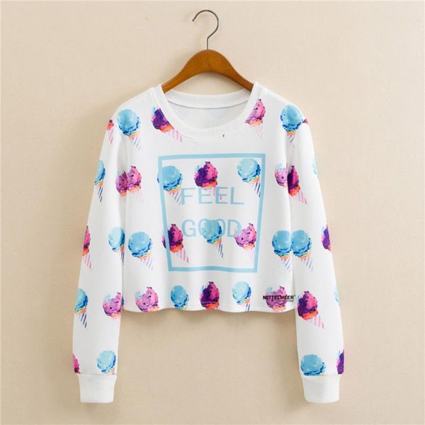 

gym clothing women sports hoodies sportswear women's lady ice cream print round neck long sleeve short fashion hoodie outdoor #z, White;black