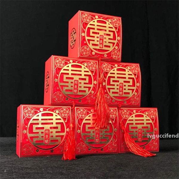 

chinese style double happiness candy box colorful tassel square wedding party souvenir supplies new year favor birthday gift wrap 50pcs