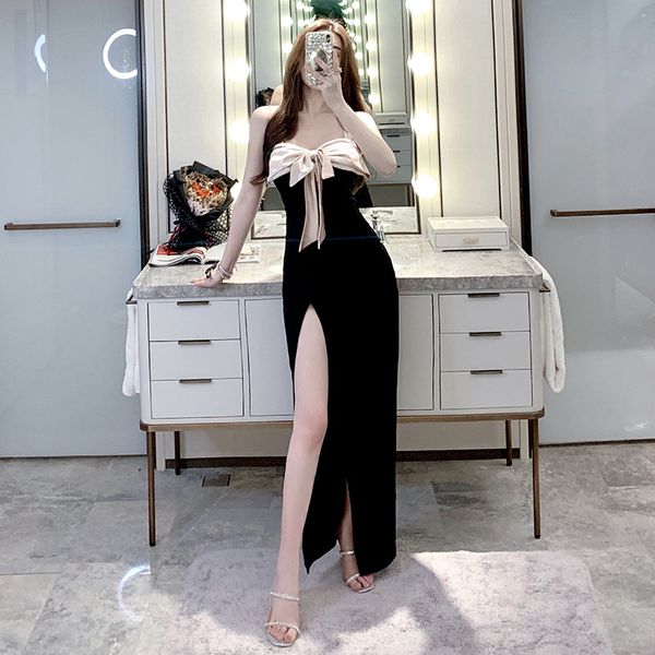 

new style night dress bow french bow slim temperament split sleeveless office lady sheath polyester, Black;gray