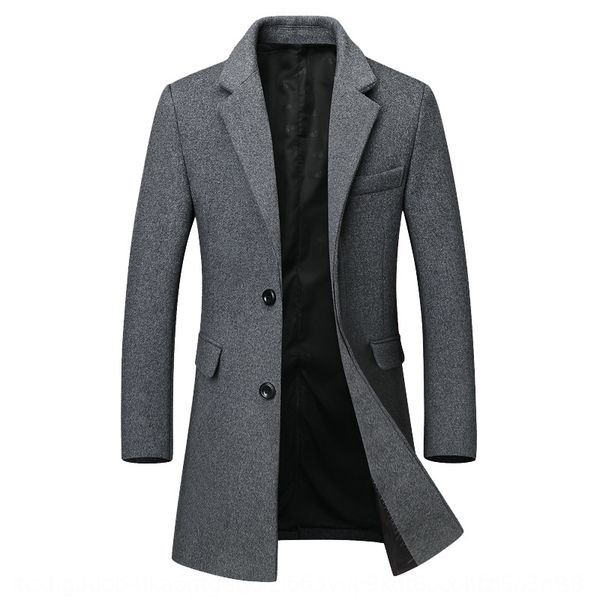 

2019 woolen men's mid-length button windbreaker coat woolen coat men's thickened windbreaker with two buttons, Black