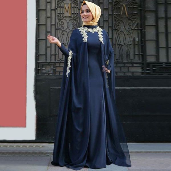 Caftano Abaya Abiti da sera musulmani Collo alto Maniche lunghe applique Dark Navy Dubai Abiti da ballo arabi Abiti da festa formali per celebrità