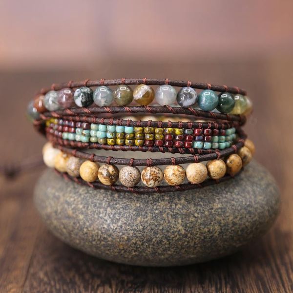 

vintage leather bracelets 6mm stone 3 strands wrap bracelets woven multilayer seed beads boho bracelet handmade gift jewelry, Golden;silver
