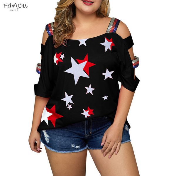 

40* women tshirt plus size casual flag print summer tees off shoulder slings sleeve t shirt women camisetas short verano mujer, White